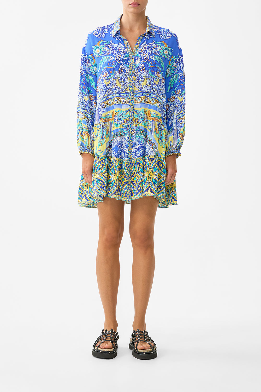 The CAMILLA LONG SLEEVE TIERED SHORT DRESS BENEATH THE ANDALUSIAN SUN in our BENEATH THE ANDALUSIAN SUN print.