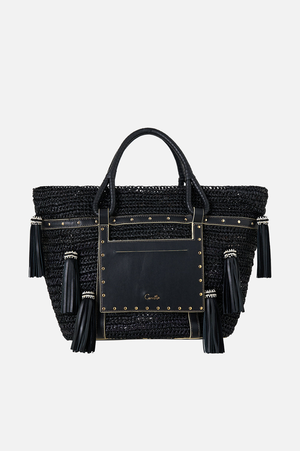 RAFFIA TOTE WITH TASSELS SOLID BLACK