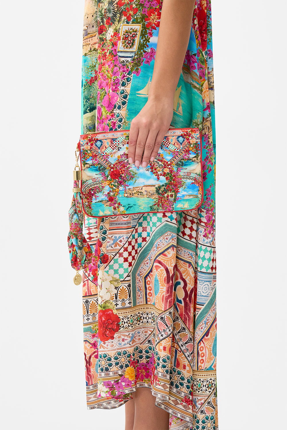 The CAMILLA SCARF CLUTCH MEET ME IN MALLORCA in our  print.