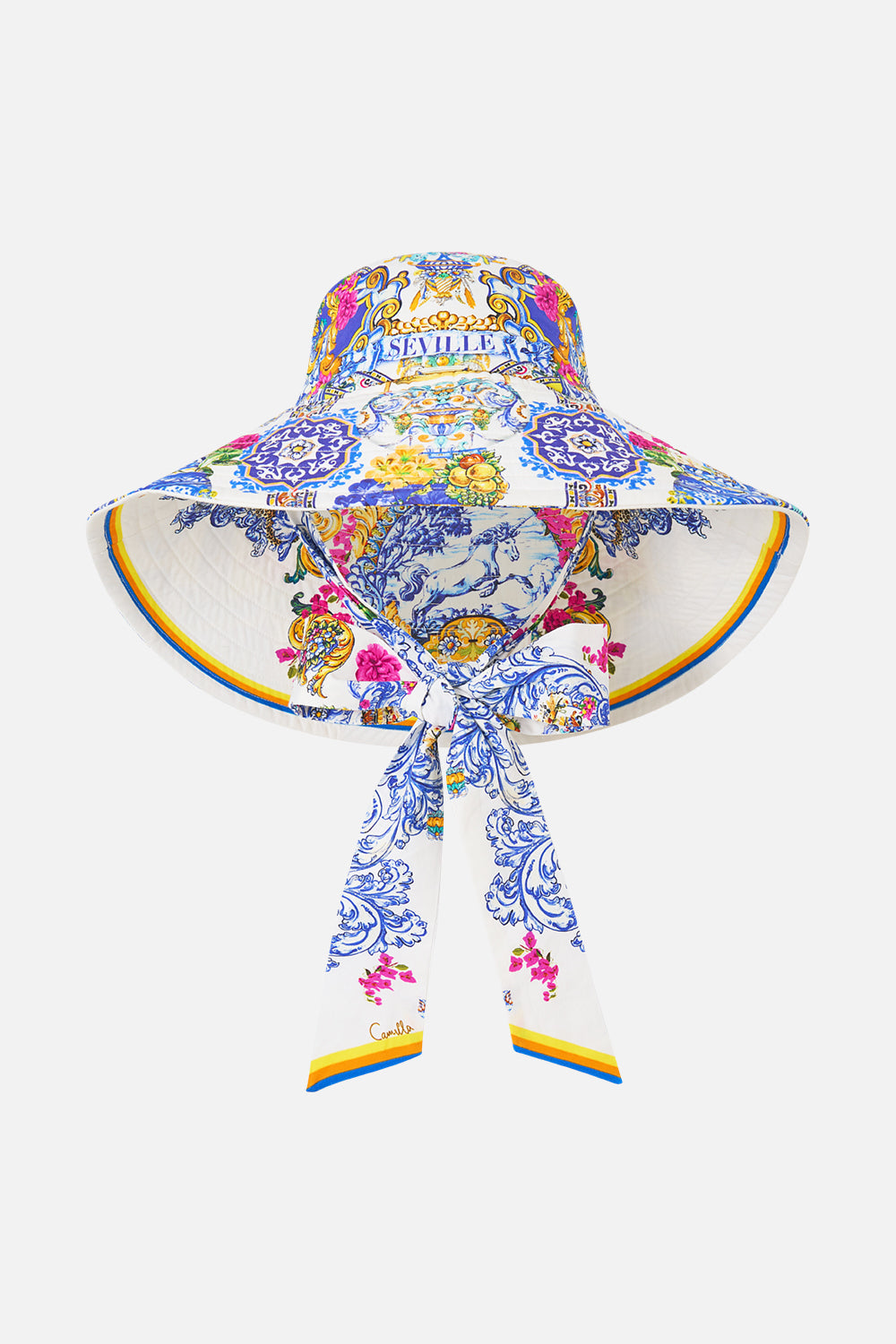 The CAMILLA WIDE BRIM BUCKET HAT WITH TIE ESPAÑA NIRVANA in our ESPAÑA NIRVANA print.