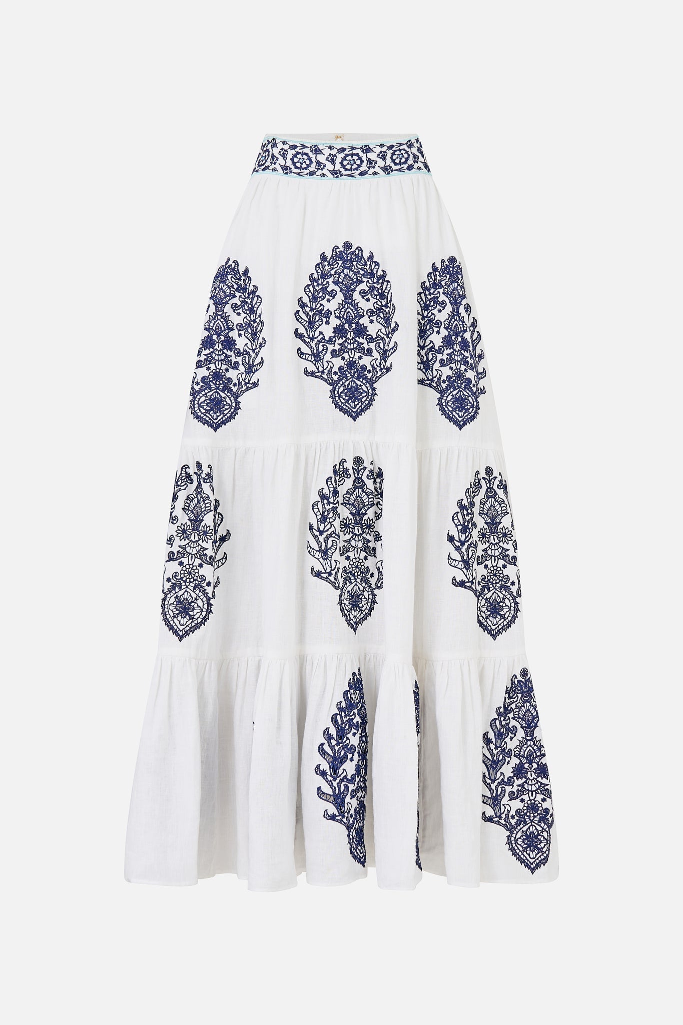 The CAMILLA TIERED EMBROIDERED SKIRT ISNIK LULLABY in our  print.