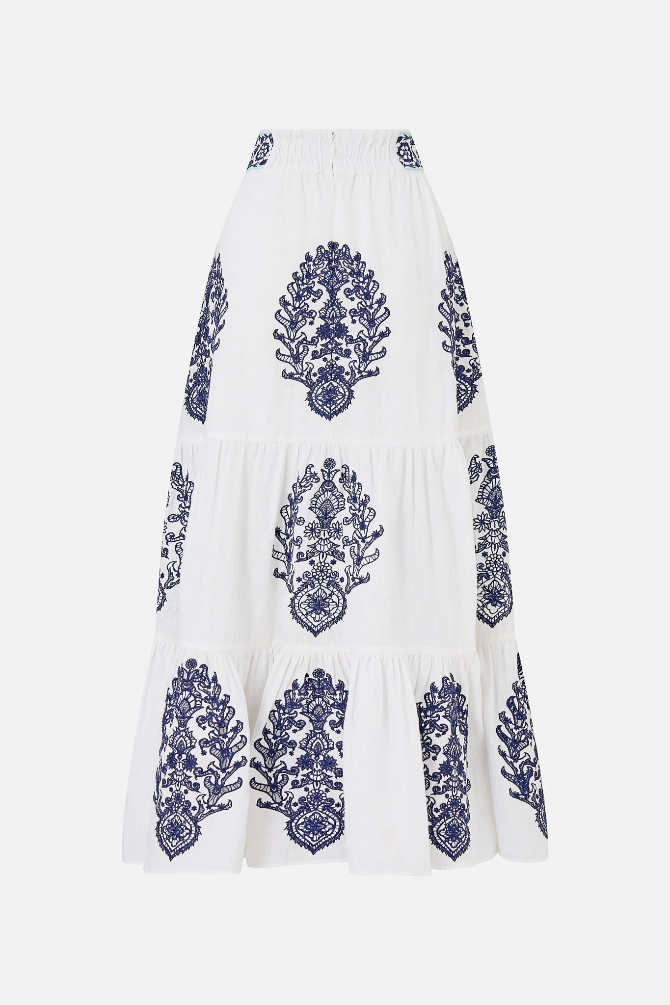 The CAMILLA TIERED EMBROIDERED SKIRT ISNIK LULLABY in our  print.