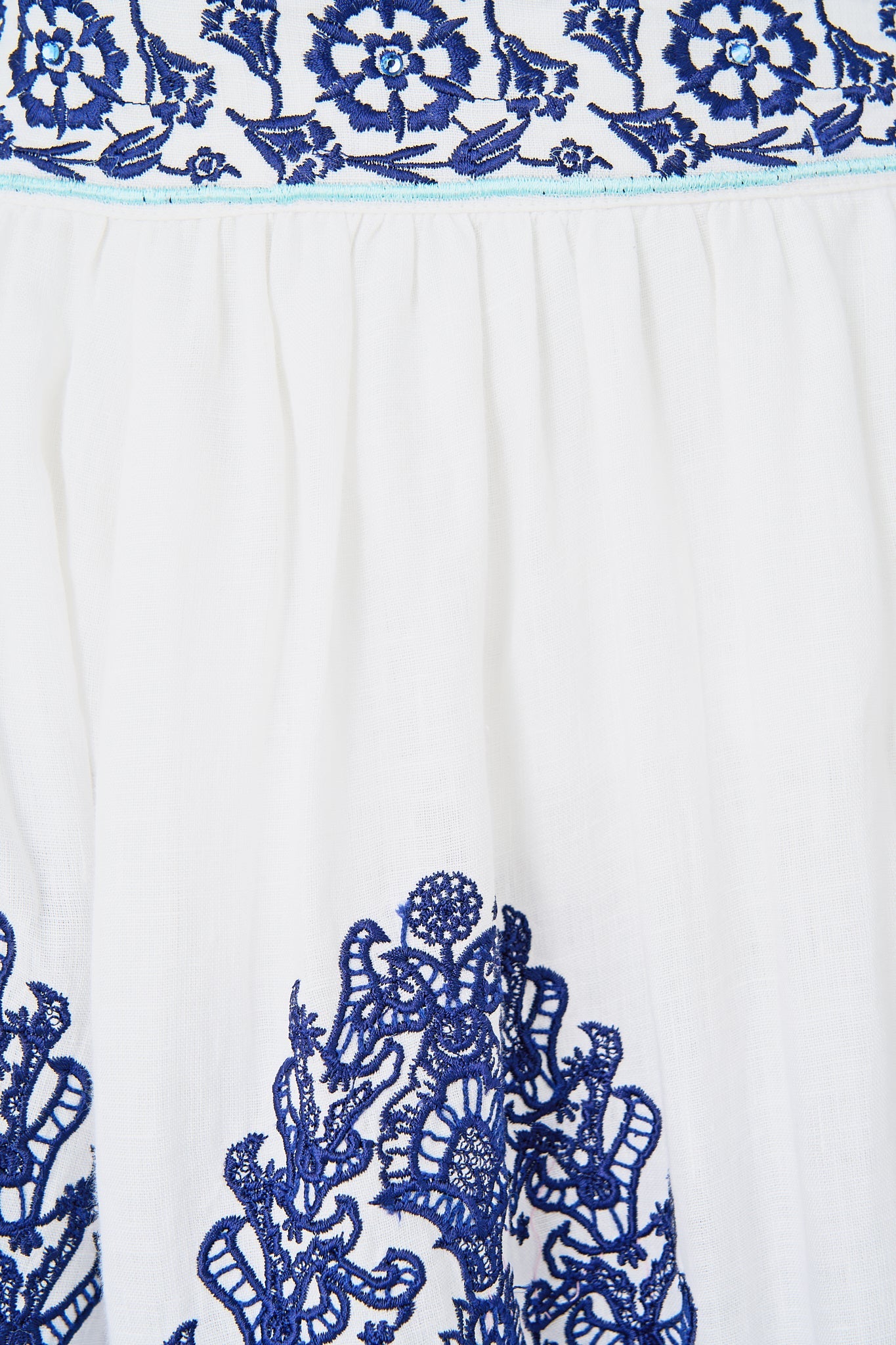 The CAMILLA TIERED EMBROIDERED SKIRT ISNIK LULLABY in our  print.