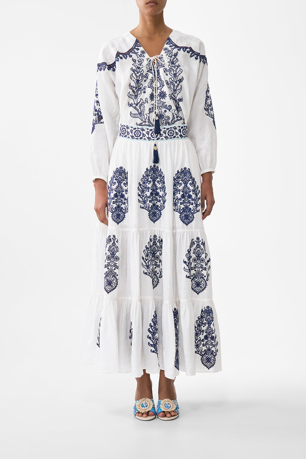 The CAMILLA TIERED EMBROIDERED SKIRT ISNIK LULLABY in our ISNIK LULLABY print.