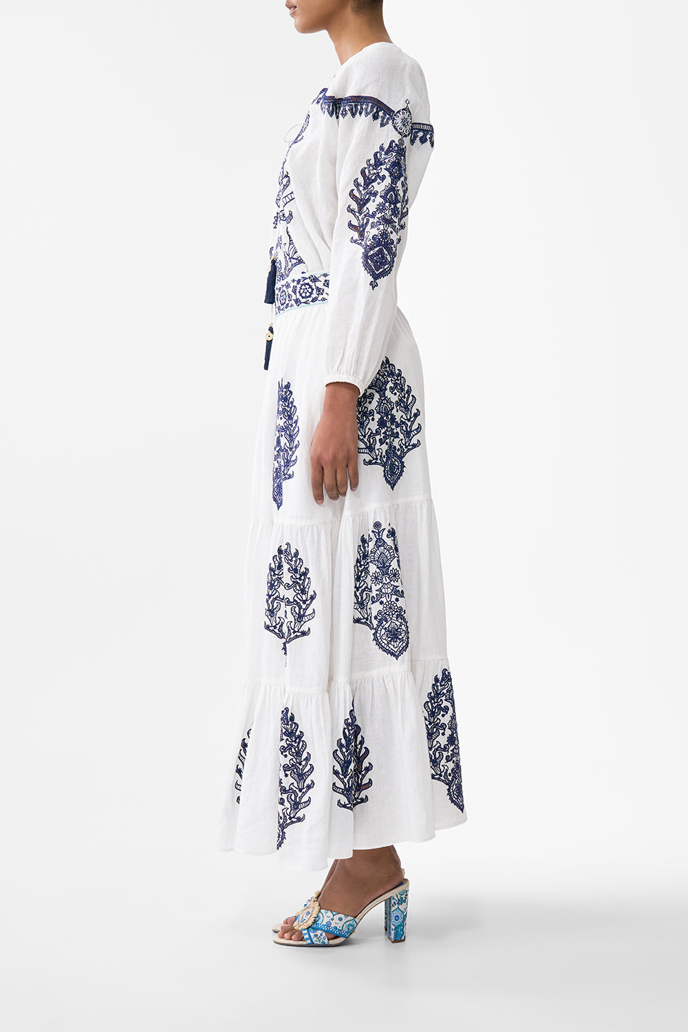 The CAMILLA TIERED EMBROIDERED SKIRT ISNIK LULLABY in our  print.