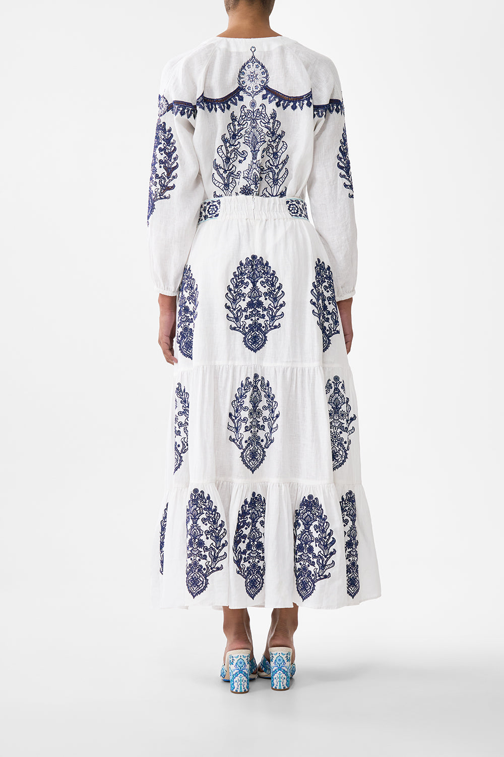 The CAMILLA TIERED EMBROIDERED SKIRT ISNIK LULLABY in our  print.