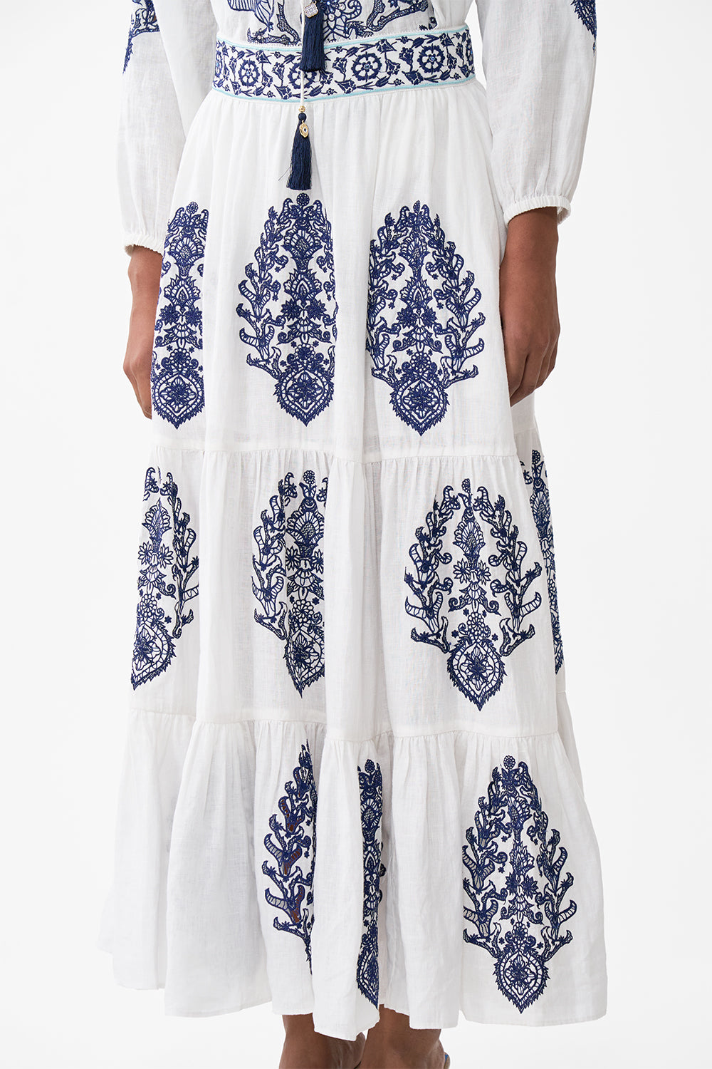 The CAMILLA TIERED EMBROIDERED SKIRT ISNIK LULLABY in our  print.