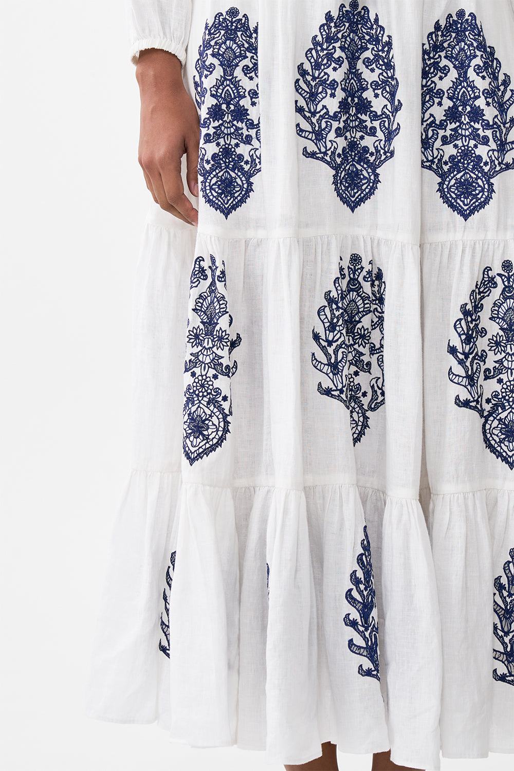 The CAMILLA TIERED EMBROIDERED SKIRT ISNIK LULLABY in our  print.