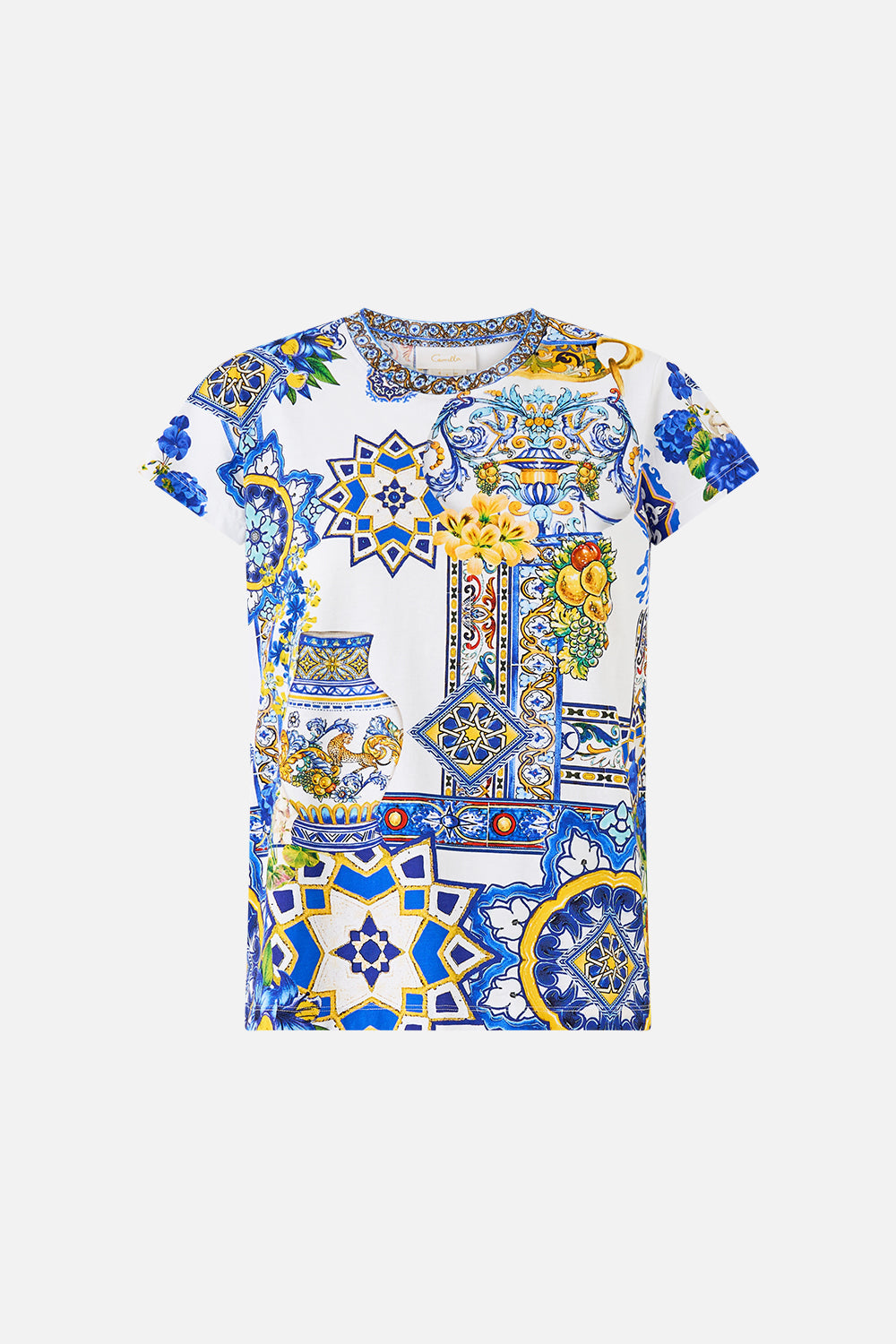 The CAMILLA SLIM FIT ROUND NECK T-SHIRT ESPAÑA NIRVANA in our  print.