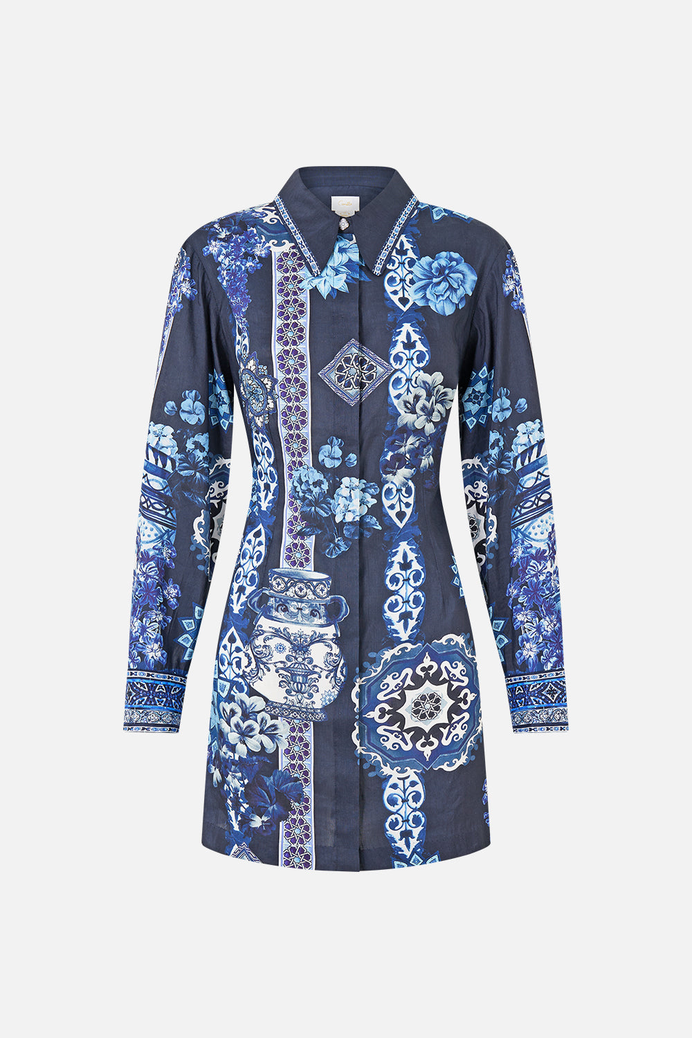 The CAMILLA SHIRT DRESS WITH A LINE SKIRT A TILED WONDERLAND in our  print.