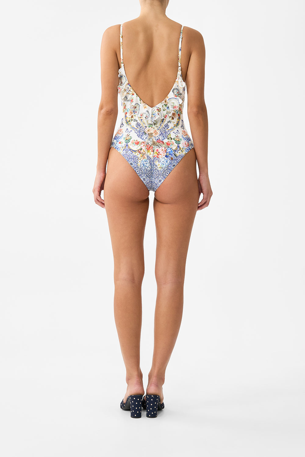 PLUNGE V NECK ONE PIECE WITH FRILL AND TRIM THE POTTERY PARLOUR