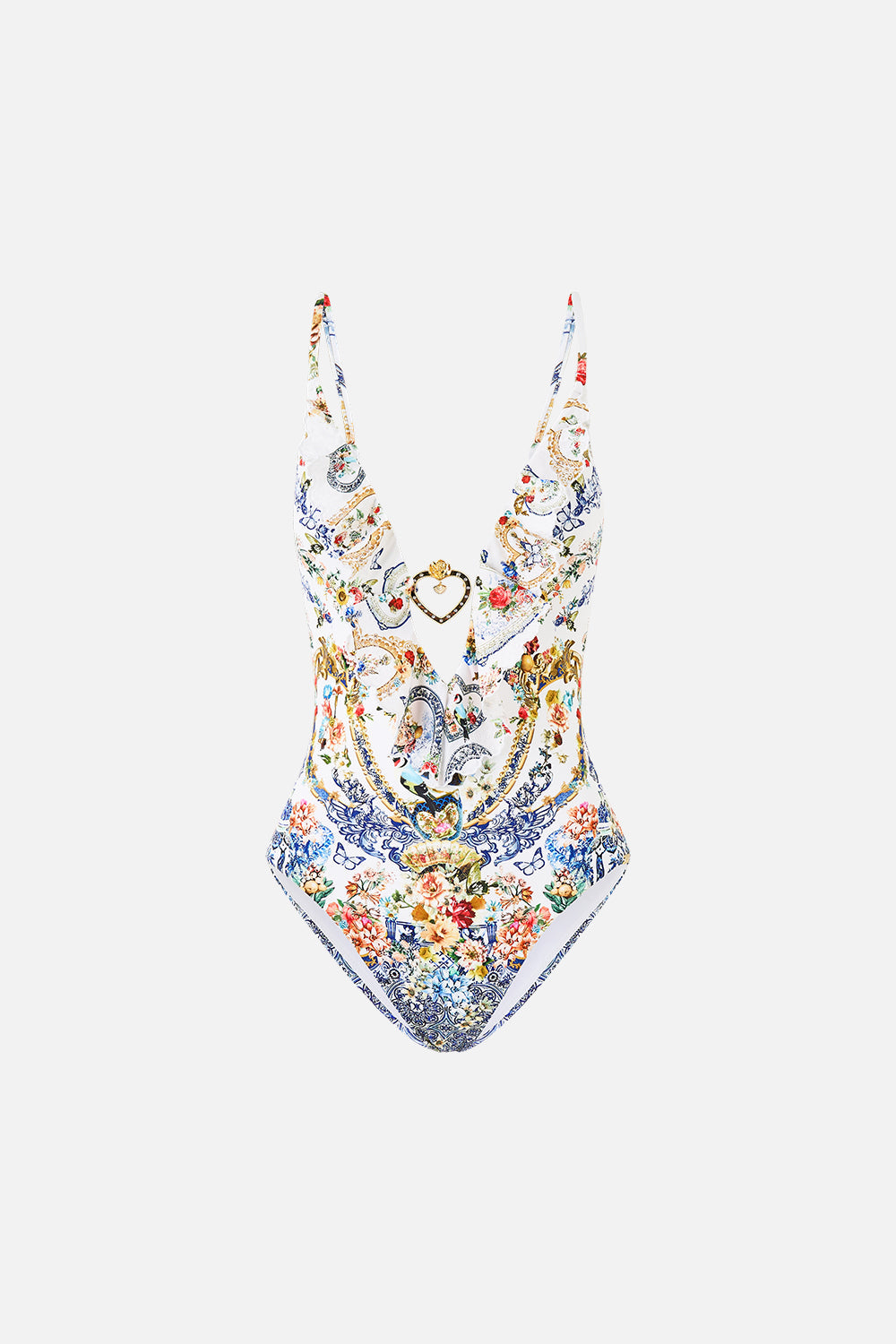 PLUNGE V NECK ONE PIECE WITH FRILL AND TRIM THE POTTERY PARLOUR