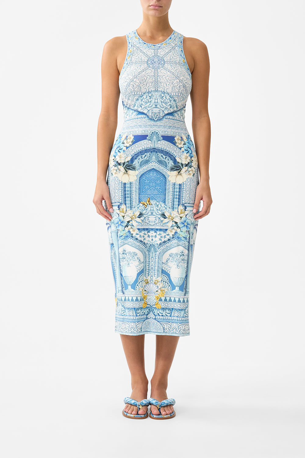 The CAMILLA jersey tank dress in our print De Nada Granada. Front model view.
