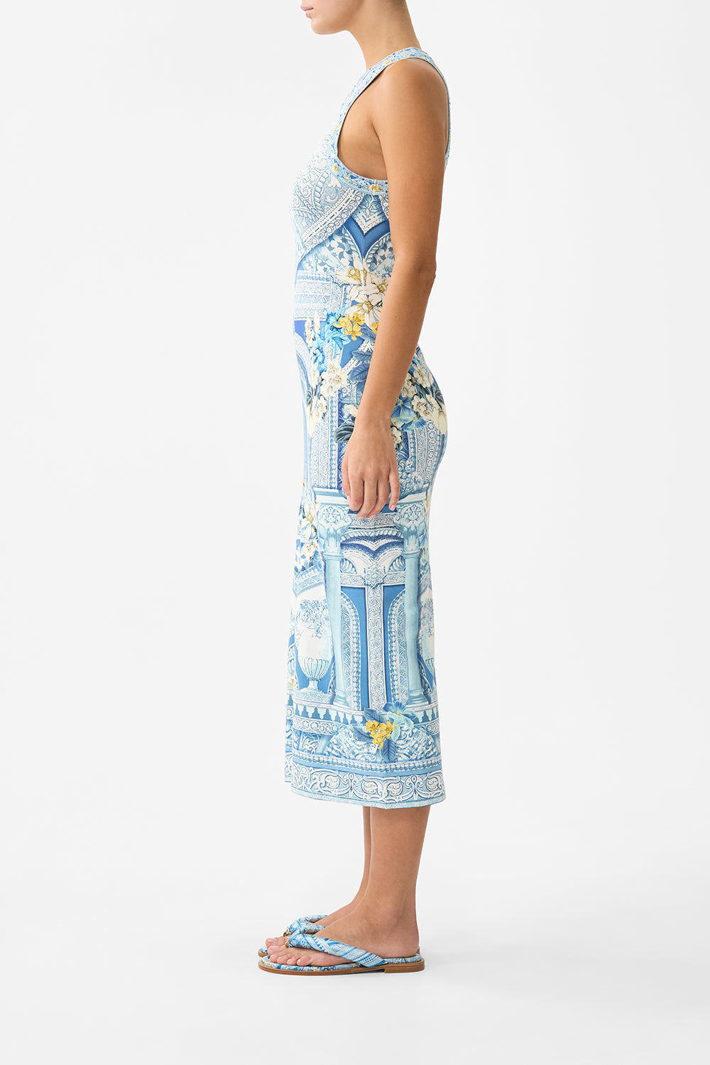 The CAMILLA jersey tank dress in our print De Nada Granada. Side model view.