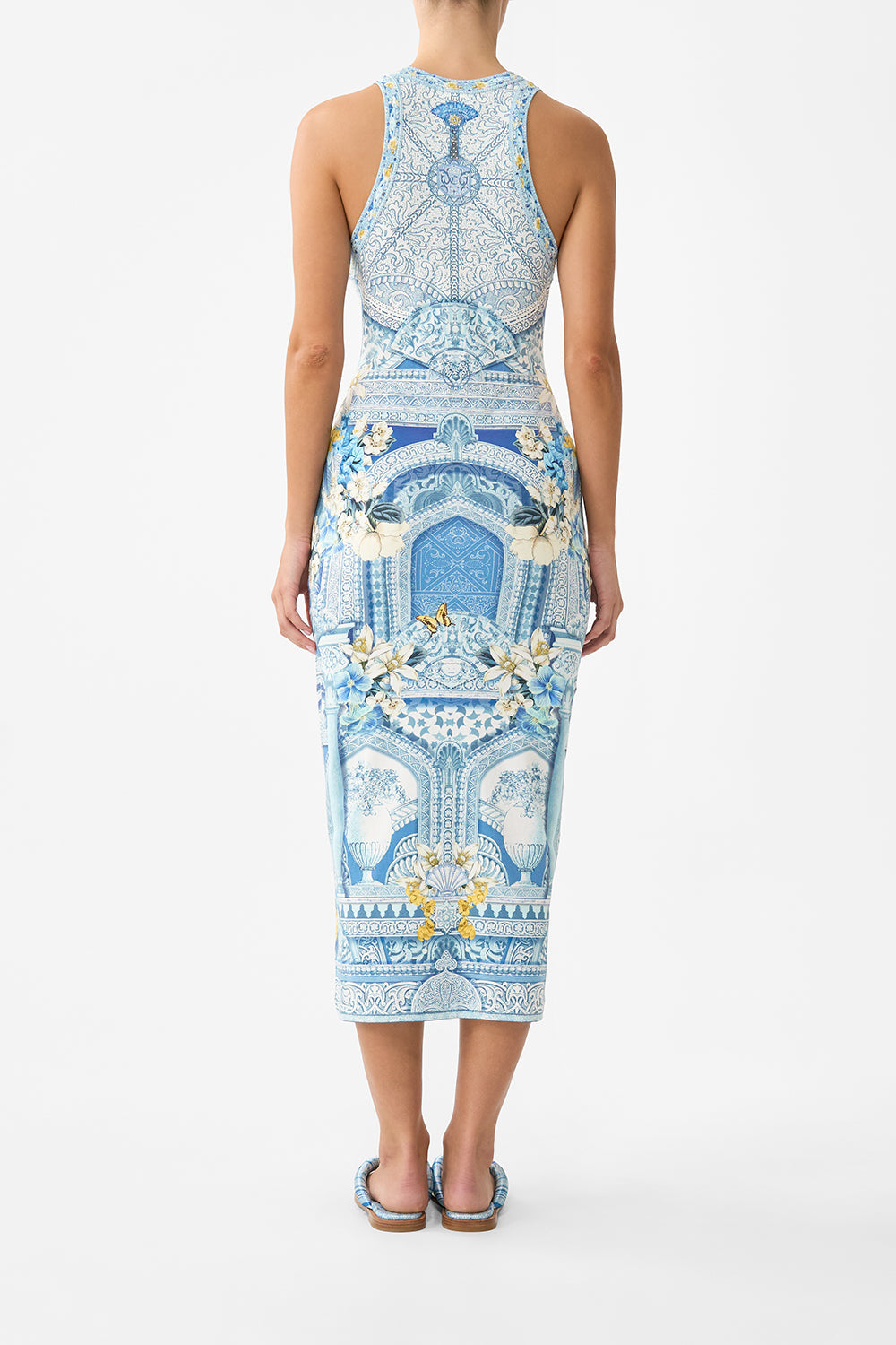 The CAMILLA jersey tank dress in our print De Nada Granada. Back model view.