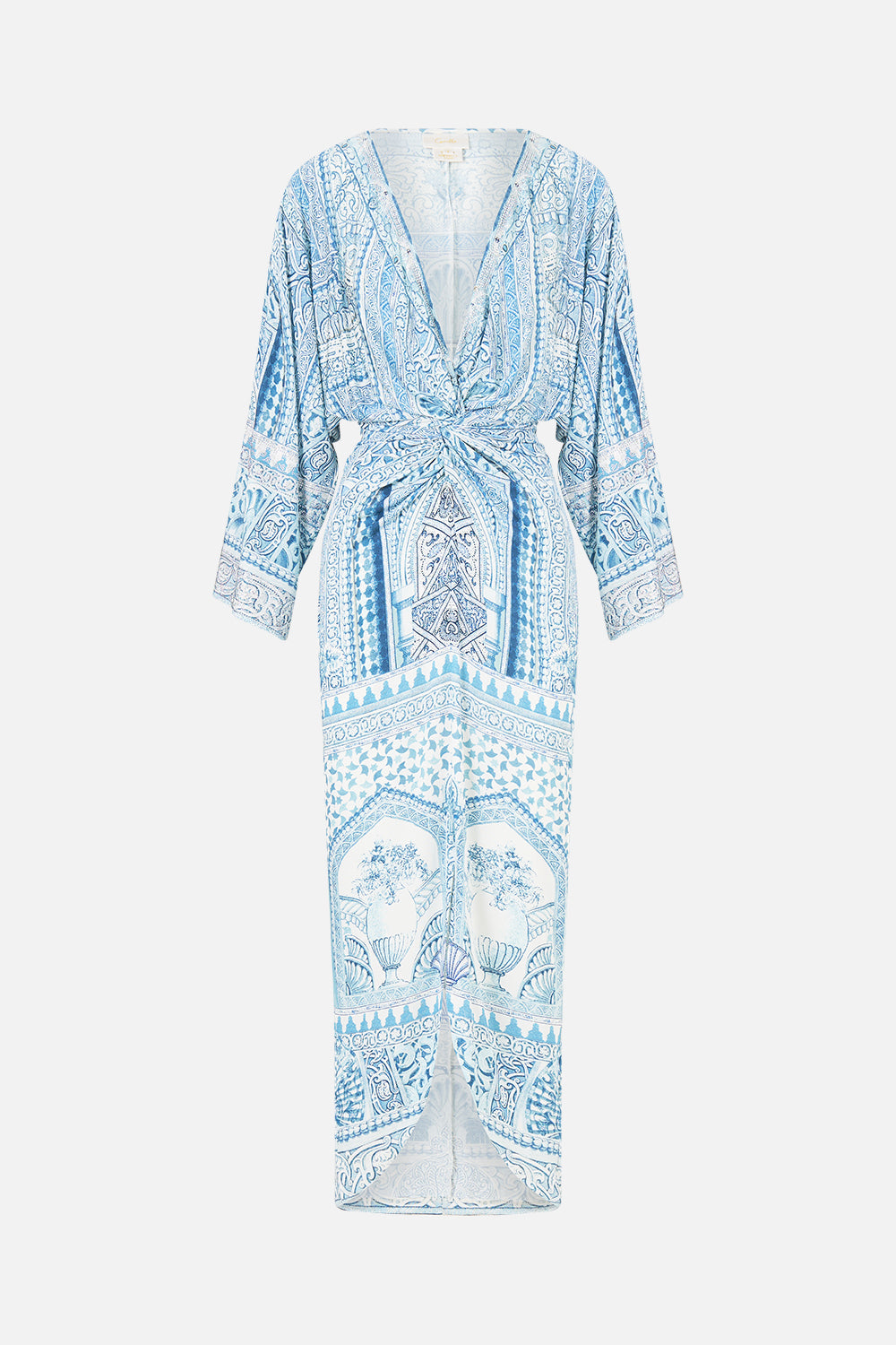 The CAMILLA long split front twist dress in our print The Hum of the Alhambra. Front view.