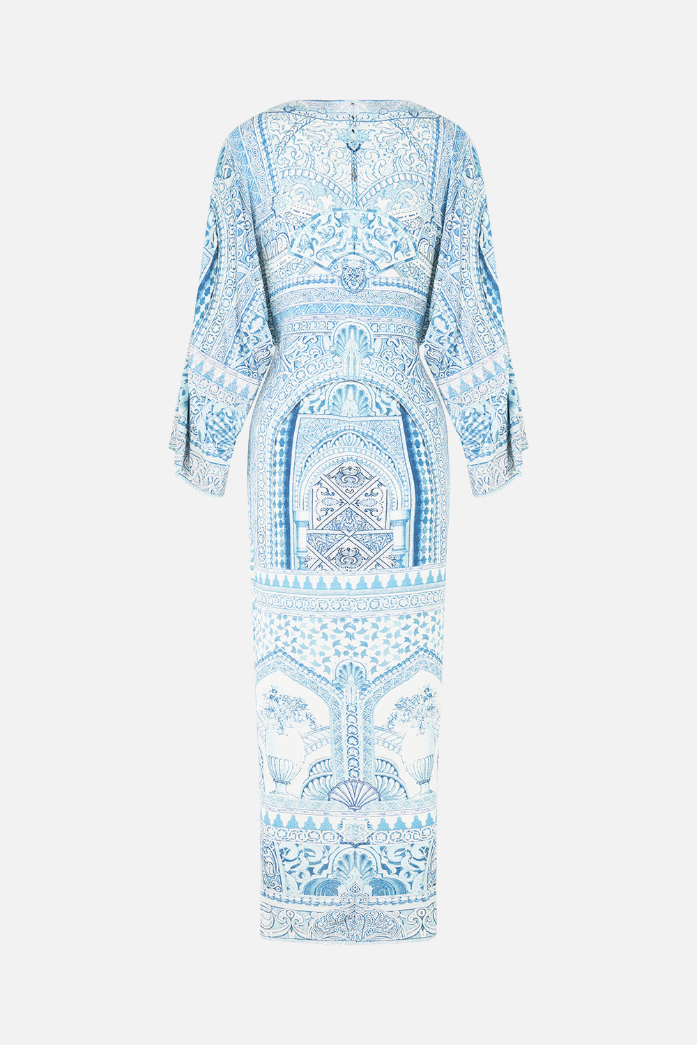 The CAMILLA long split front twist dress in our print The Hum of the Alhambra.