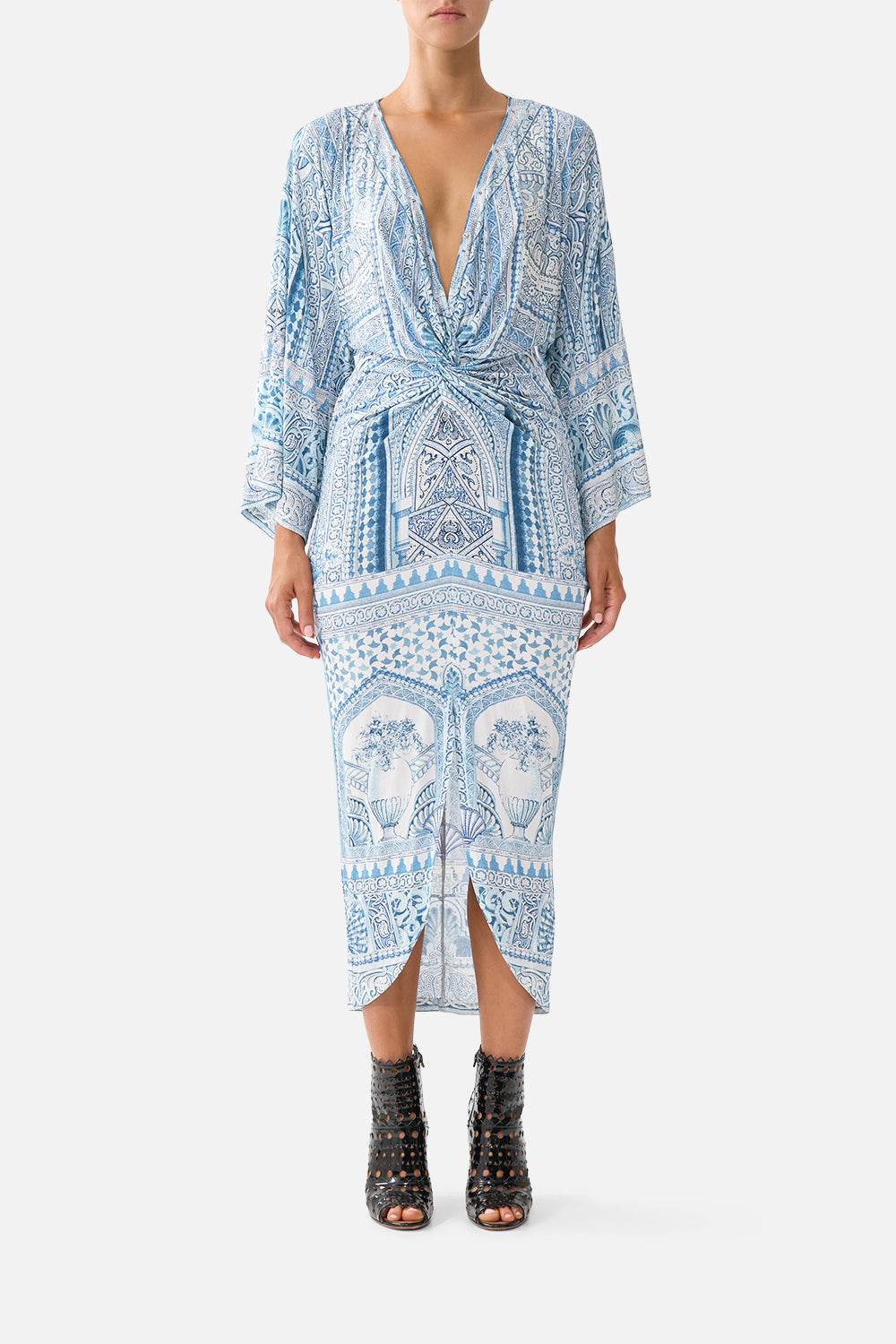 The CAMILLA long split front twist dress in our print The Hum of the Alhambra. Front model view.