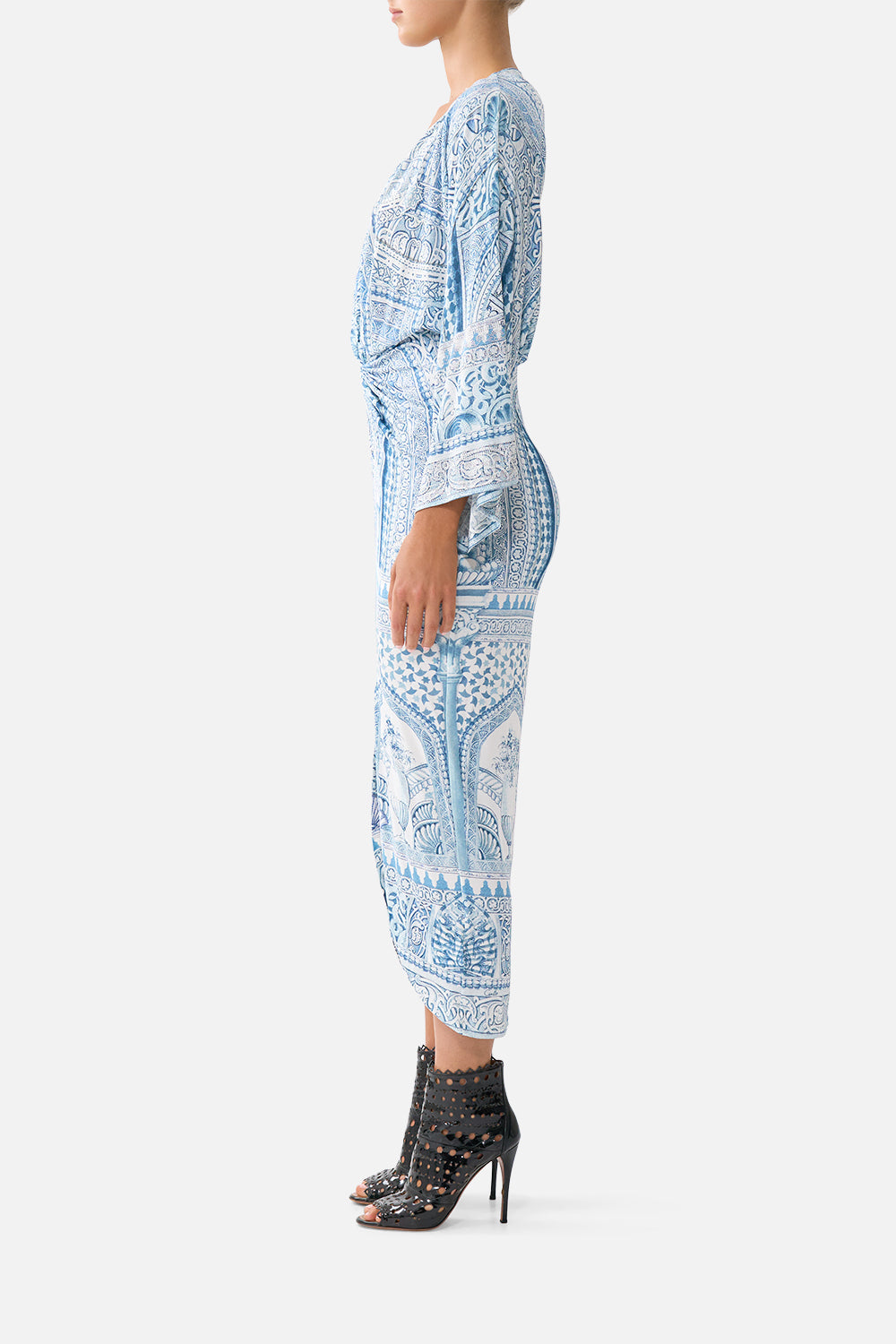 The CAMILLA long split front twist dress in our print The Hum of the Alhambra. Side model view.