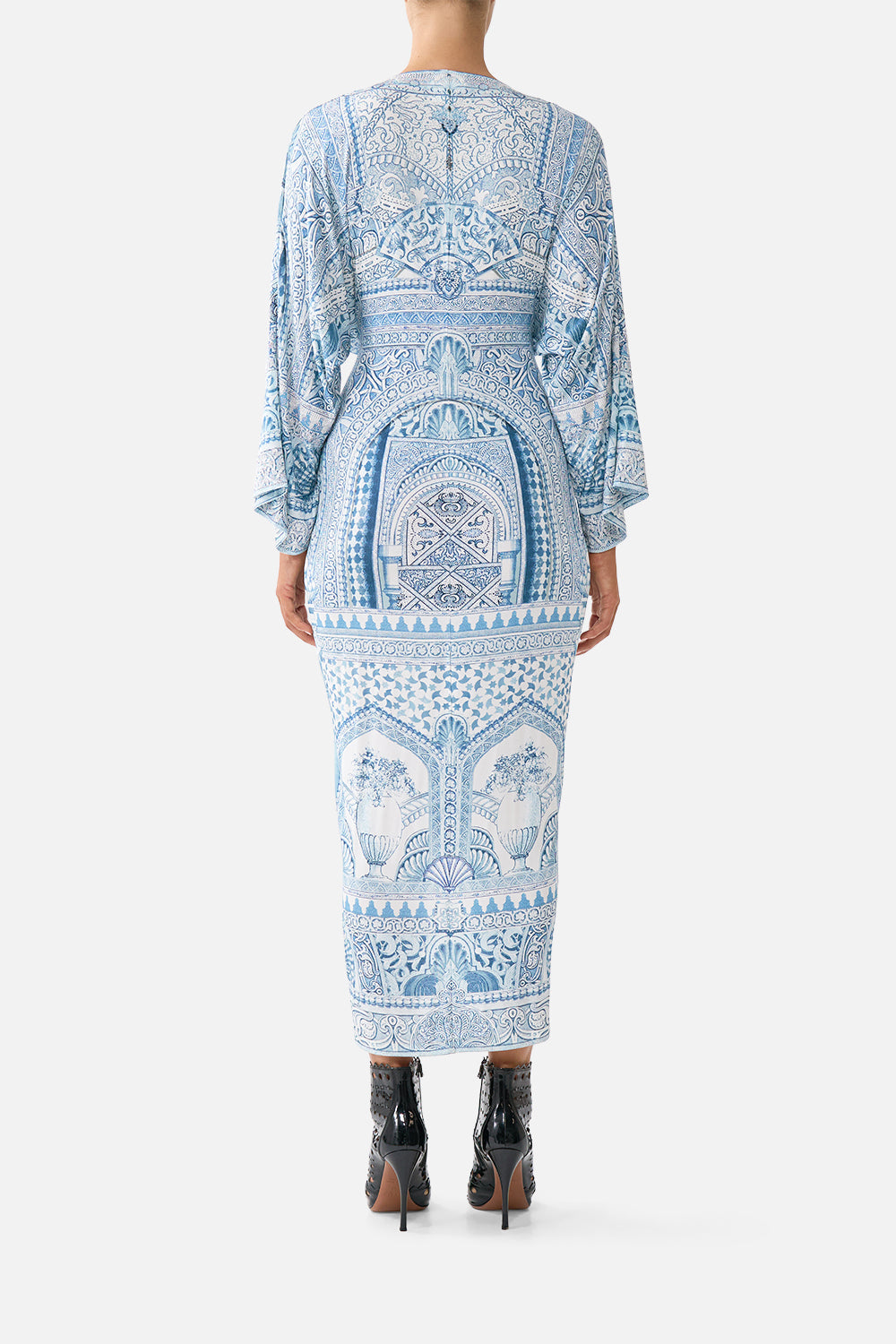 The CAMILLA long split front twist dress in our print The Hum of the Alhambra. Back model view.