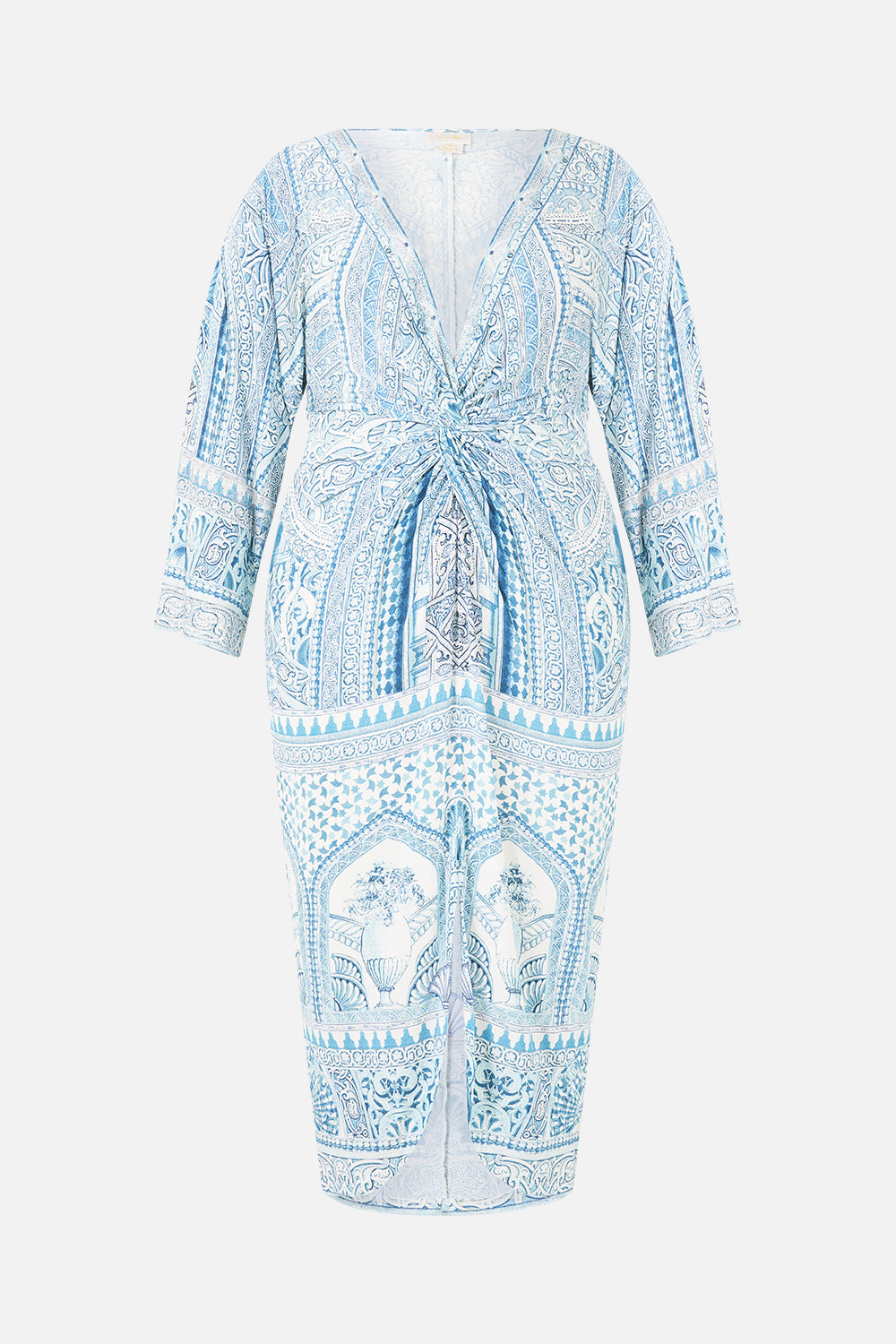 The CAMILLA long split front twist dress in our print The Hum of the Alhambra. Front view.