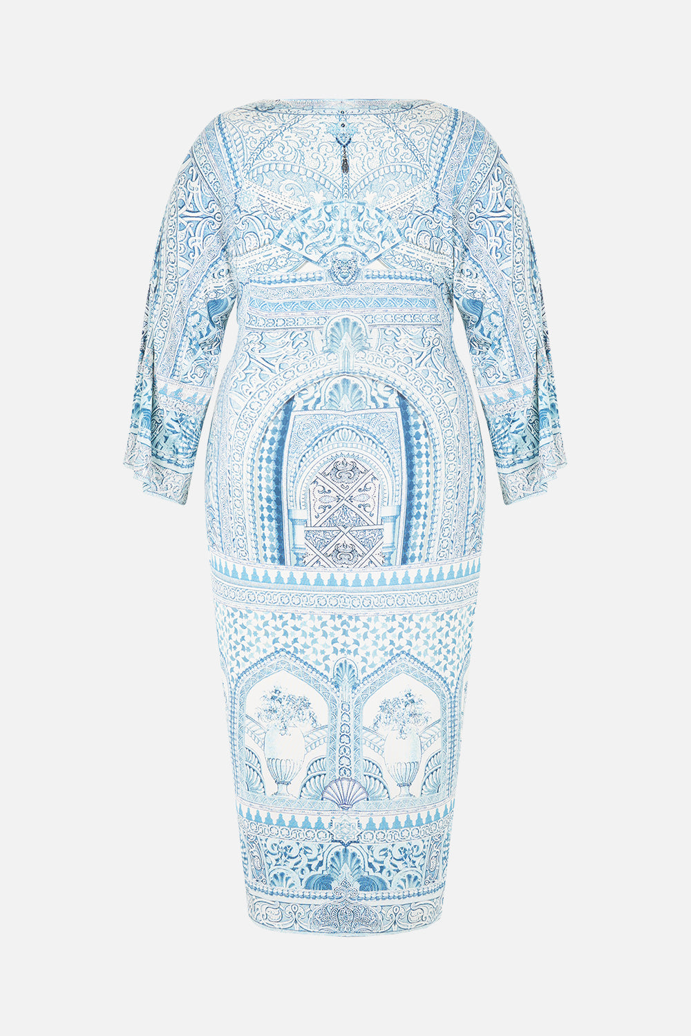The CAMILLA long split front twist dress in our print The Hum of the Alhambra.
