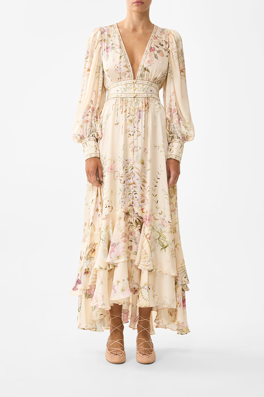 The CAMILLA LONG BUTTON FRONT DRESS ADORNED IN ARANJUEZ in our ADORNED IN ARANJUEZ print.
