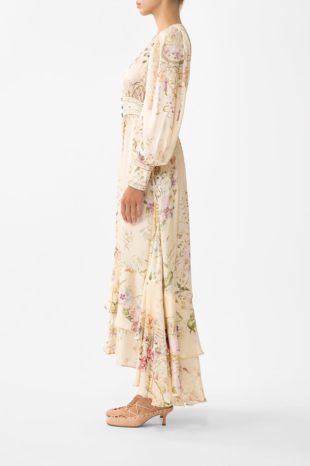 The CAMILLA LONG BUTTON FRONT DRESS ADORNED IN ARANJUEZ in our  print.