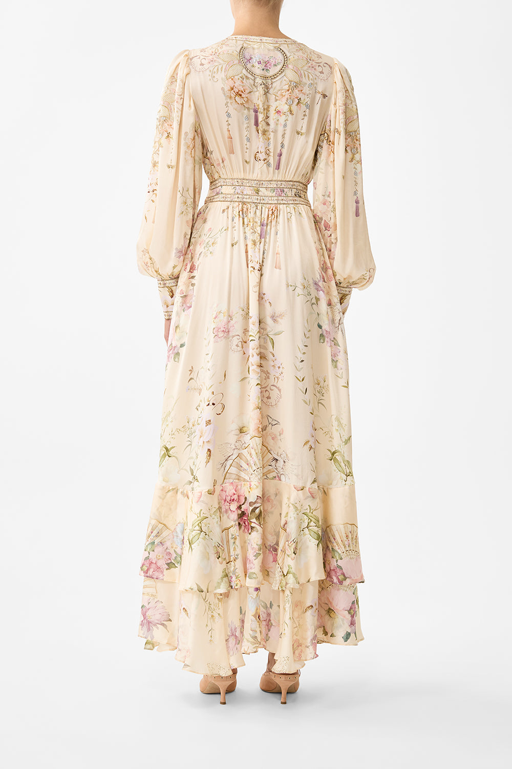 The CAMILLA LONG BUTTON FRONT DRESS ADORNED IN ARANJUEZ in our  print.