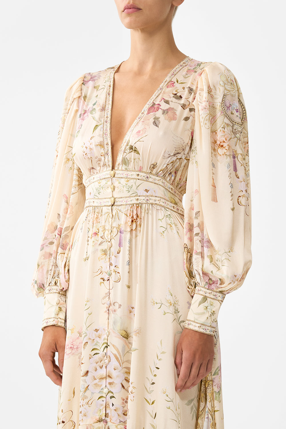 The CAMILLA LONG BUTTON FRONT DRESS ADORNED IN ARANJUEZ in our  print.