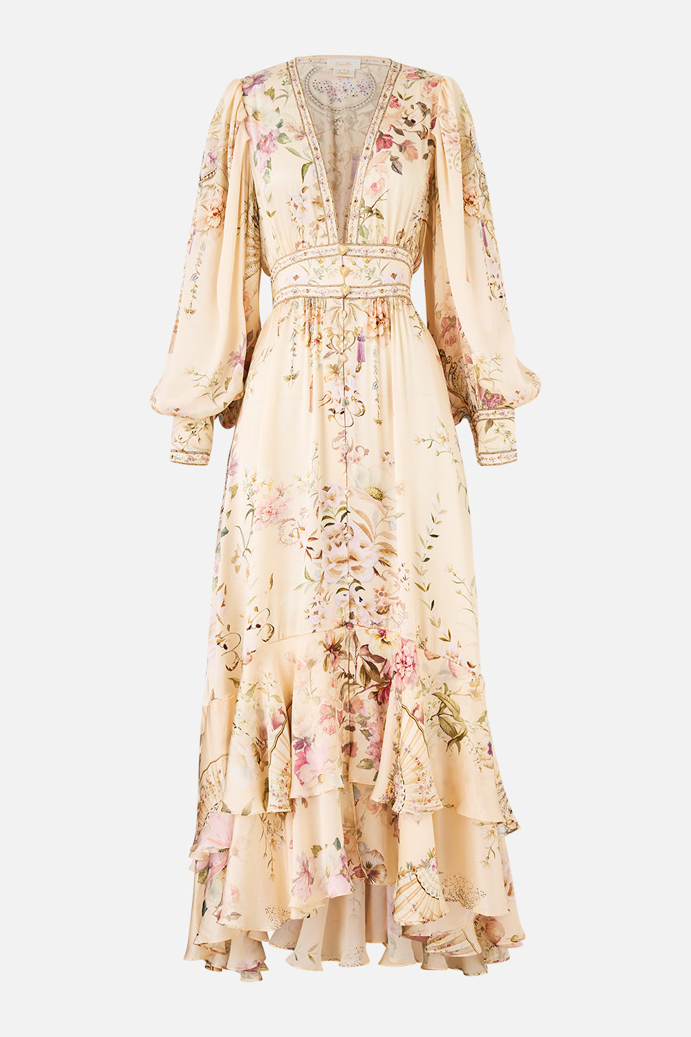 The CAMILLA LONG BUTTON FRONT DRESS ADORNED IN ARANJUEZ in our  print.
