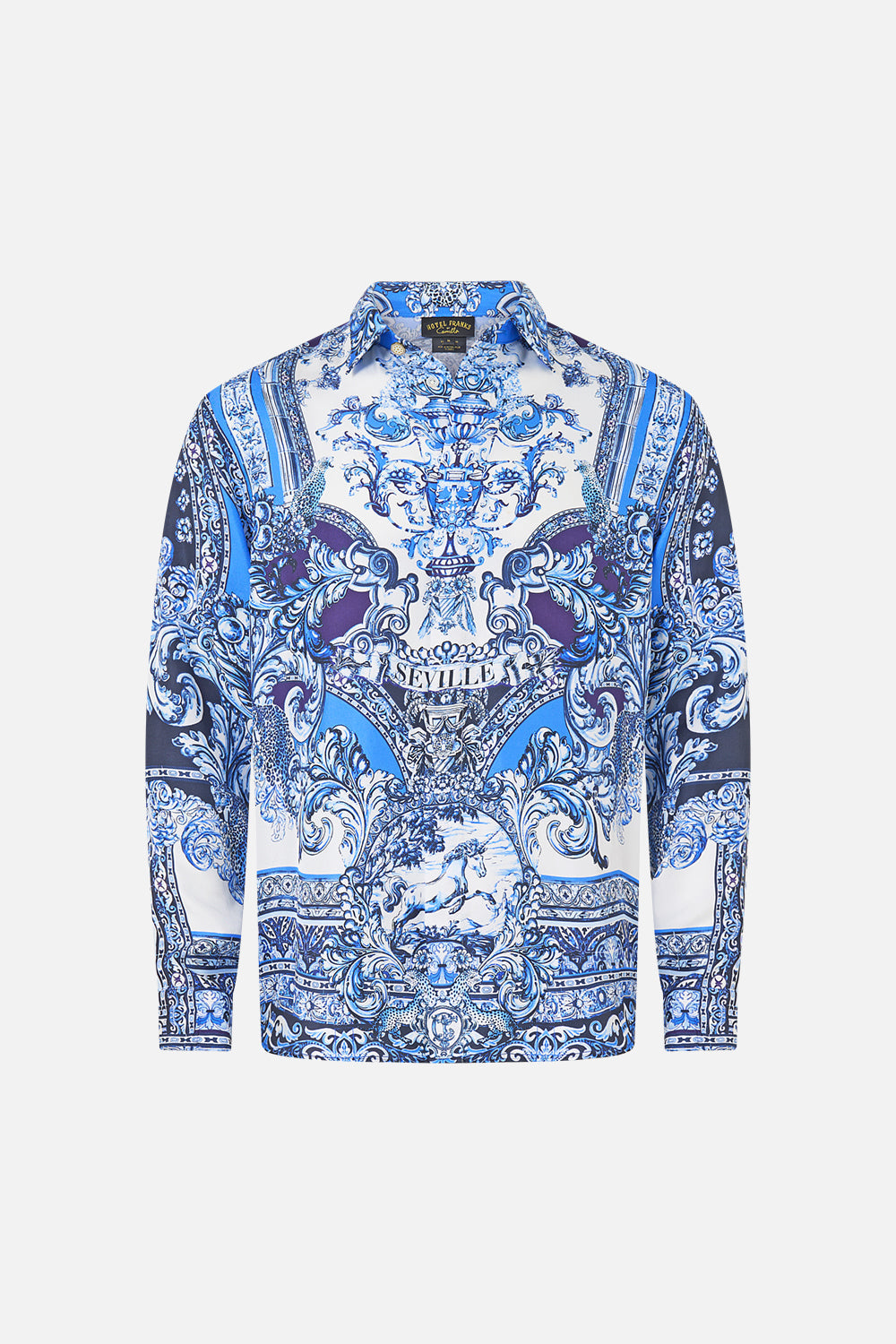 The CAMILLA long sleeve hidden placket shirt in our print A Tiled Wonderland. Front view.
