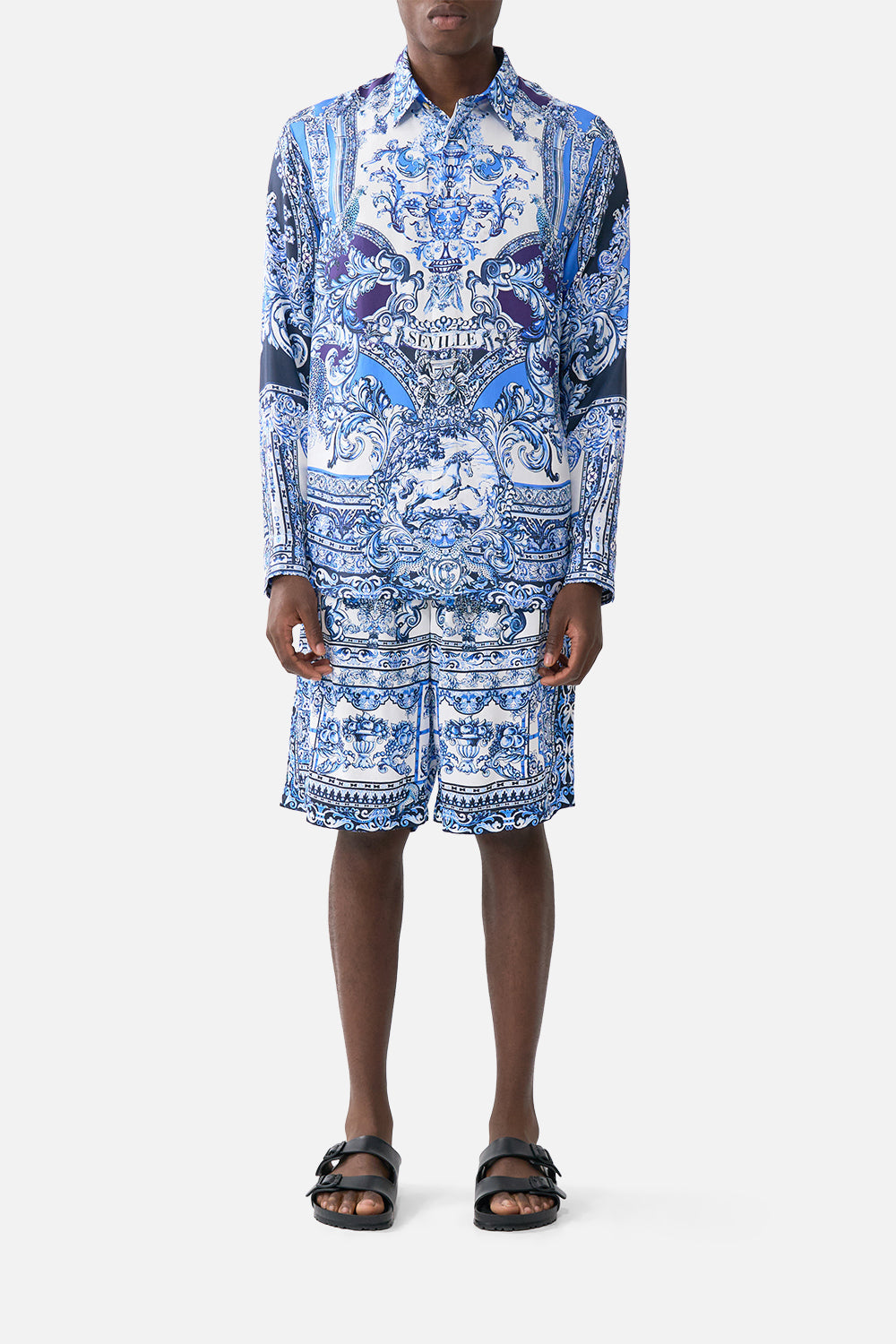 The CAMILLA long sleeve hidden placket shirt in our print A Tiled Wonderland. Front model view.