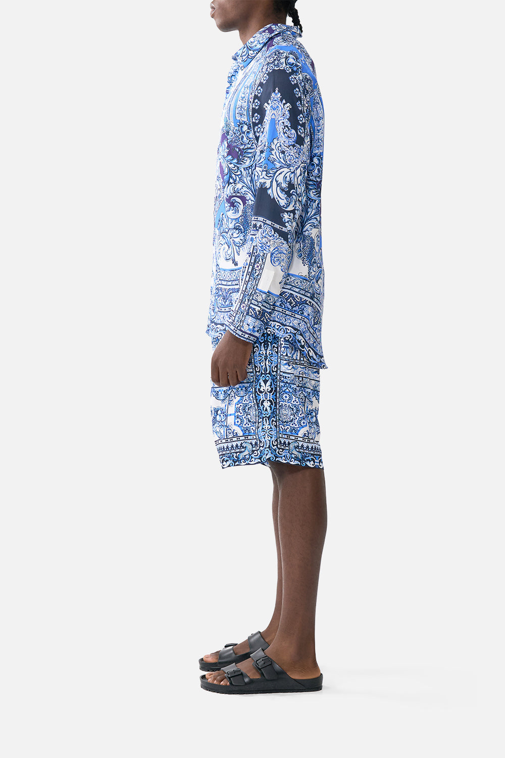 The CAMILLA long sleeve hidden placket shirt in our print A Tiled Wonderland. Side model view.
