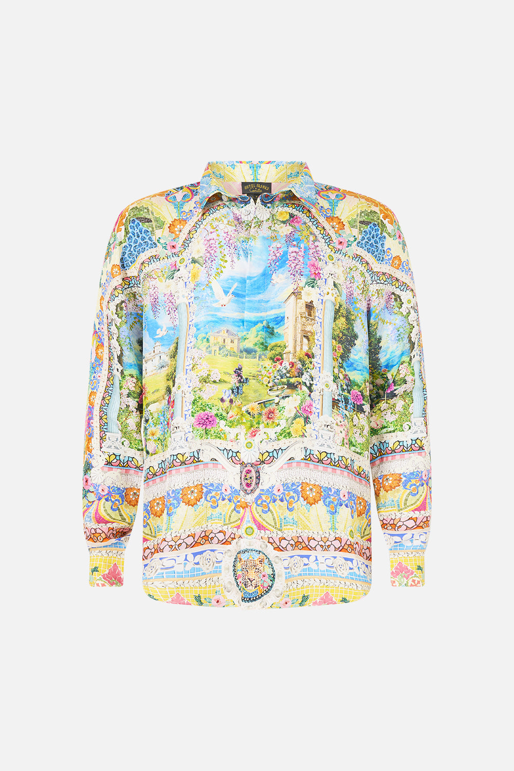 The CAMILLA LONG SLEEVE HIDDEN PLACKET SHIRT NAVÀS NOUVEAU in our  print.
