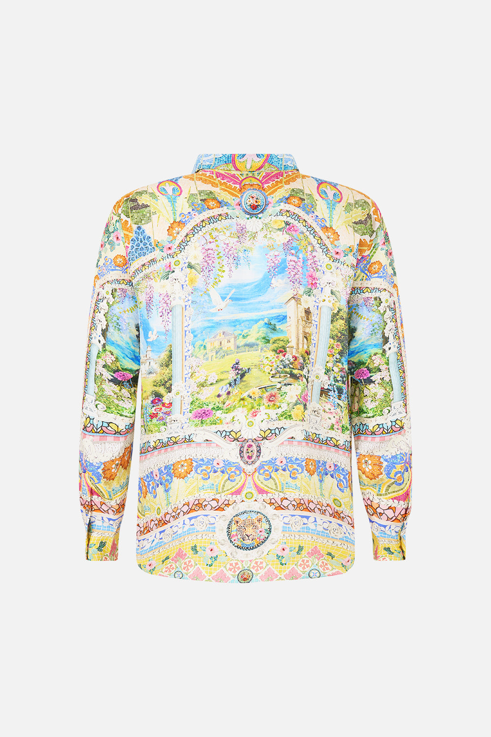 The CAMILLA LONG SLEEVE HIDDEN PLACKET SHIRT NAVÀS NOUVEAU in our  print.