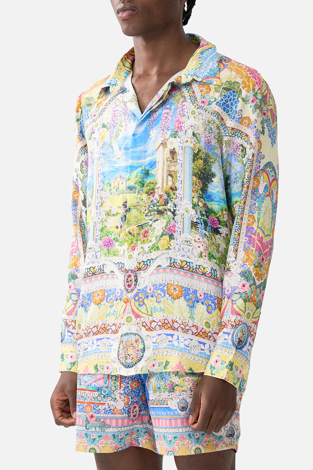The CAMILLA LONG SLEEVE HIDDEN PLACKET SHIRT NAVÀS NOUVEAU in our  print.