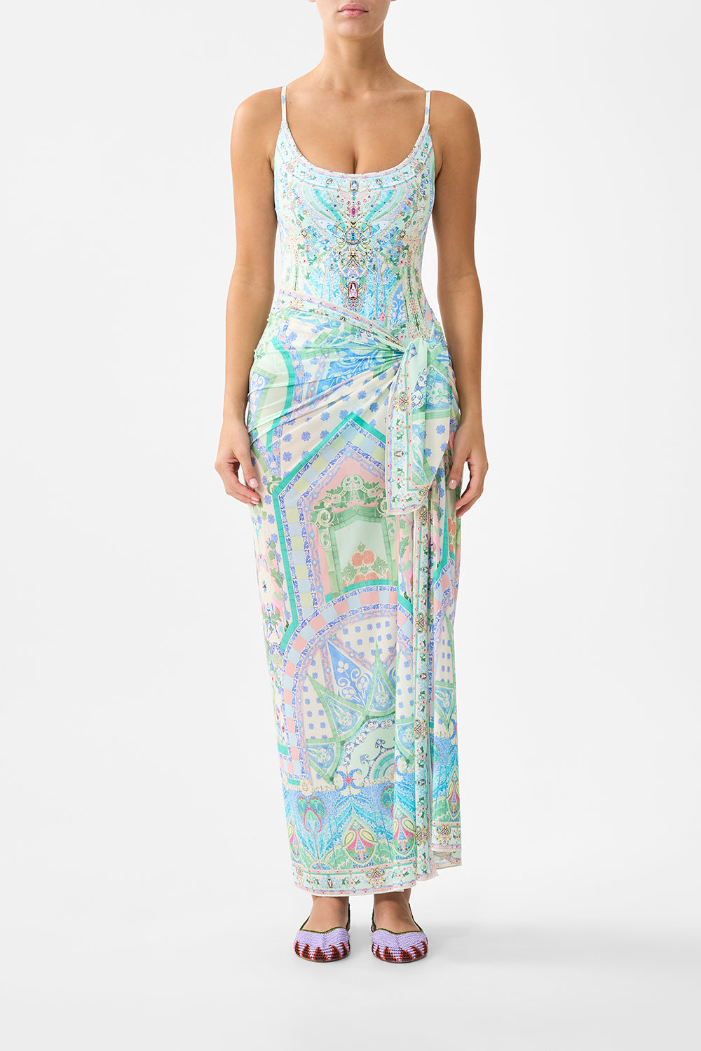 The CAMILLA MULTI WEAR LONG SARONG MIDSUMMER MOSAICS in our MIDSUMMER MOSAICS print.