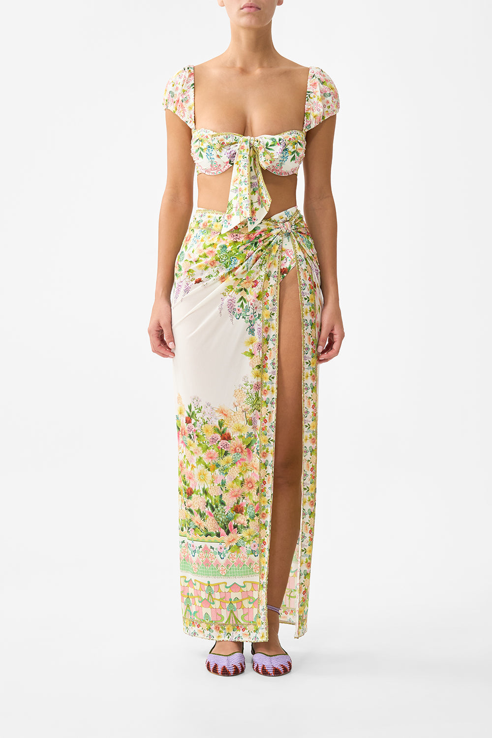 The CAMILLA LONG SARONG WITH GATHERED TAB AND LEG SPLIT THE CALL OF CATALONIA in our THE CALL OF CATALONIA print.