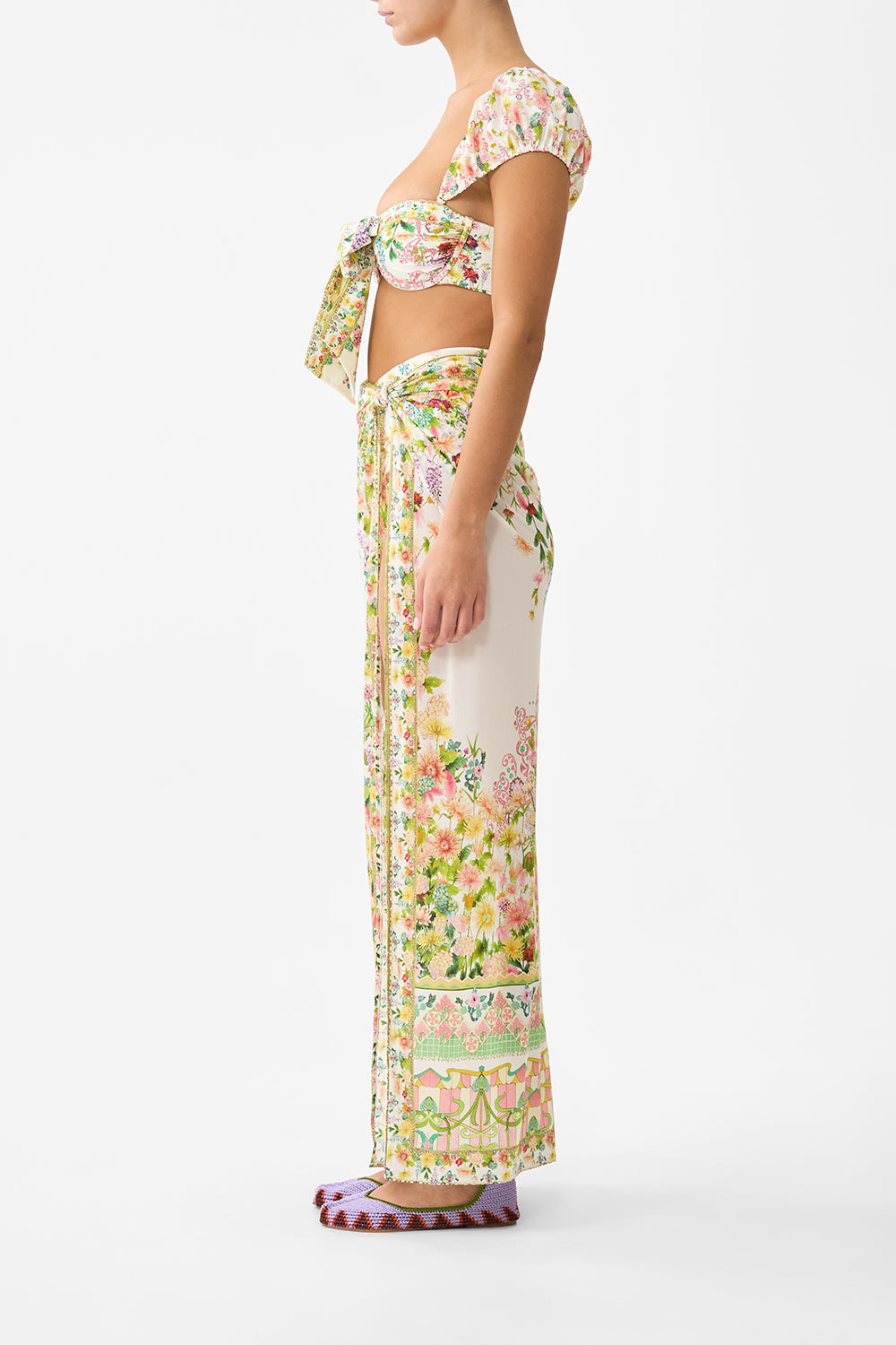 The CAMILLA LONG SARONG WITH GATHERED TAB AND LEG SPLIT THE CALL OF CATALONIA in our  print.
