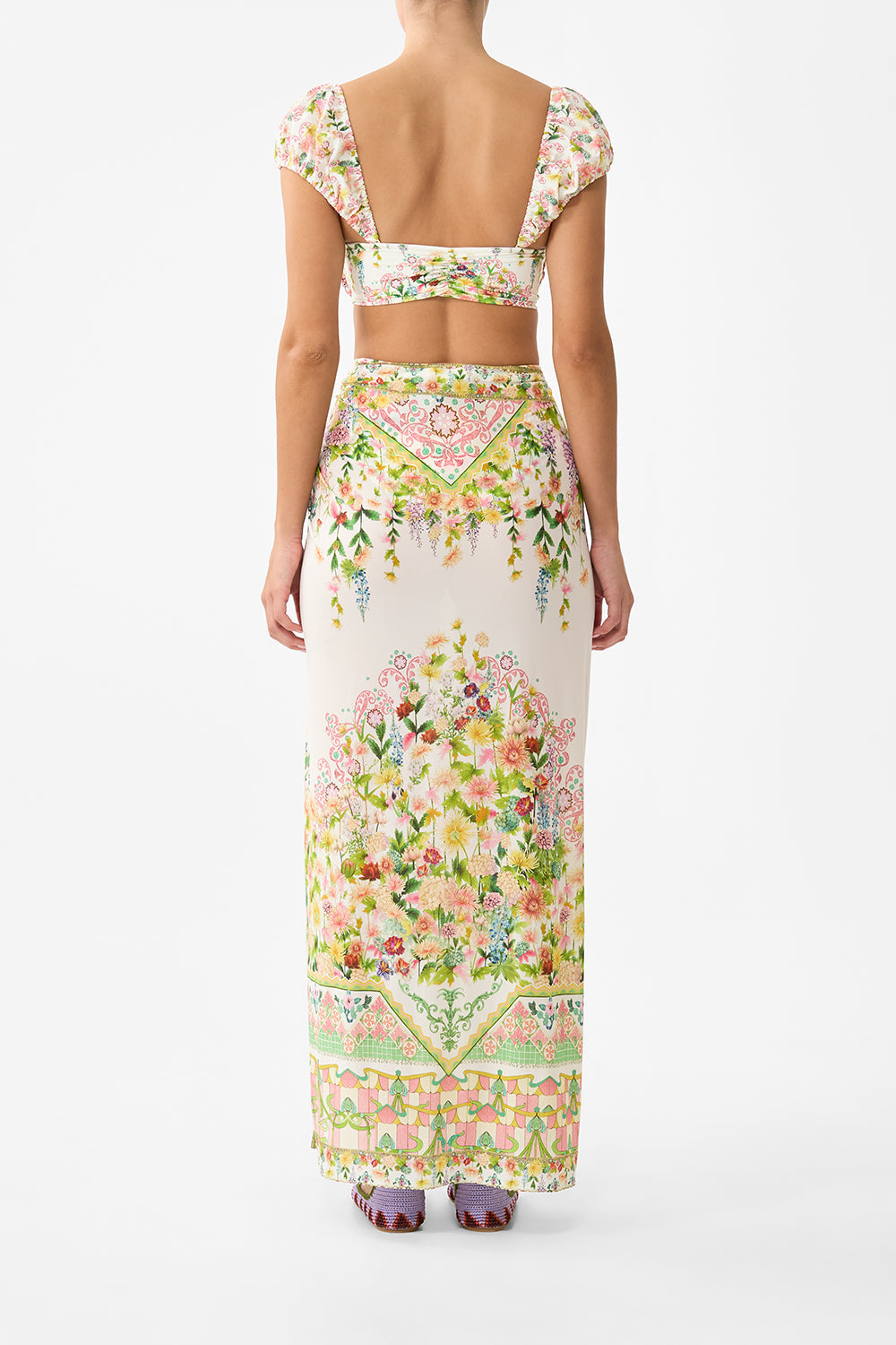 The CAMILLA LONG SARONG WITH GATHERED TAB AND LEG SPLIT THE CALL OF CATALONIA in our  print.