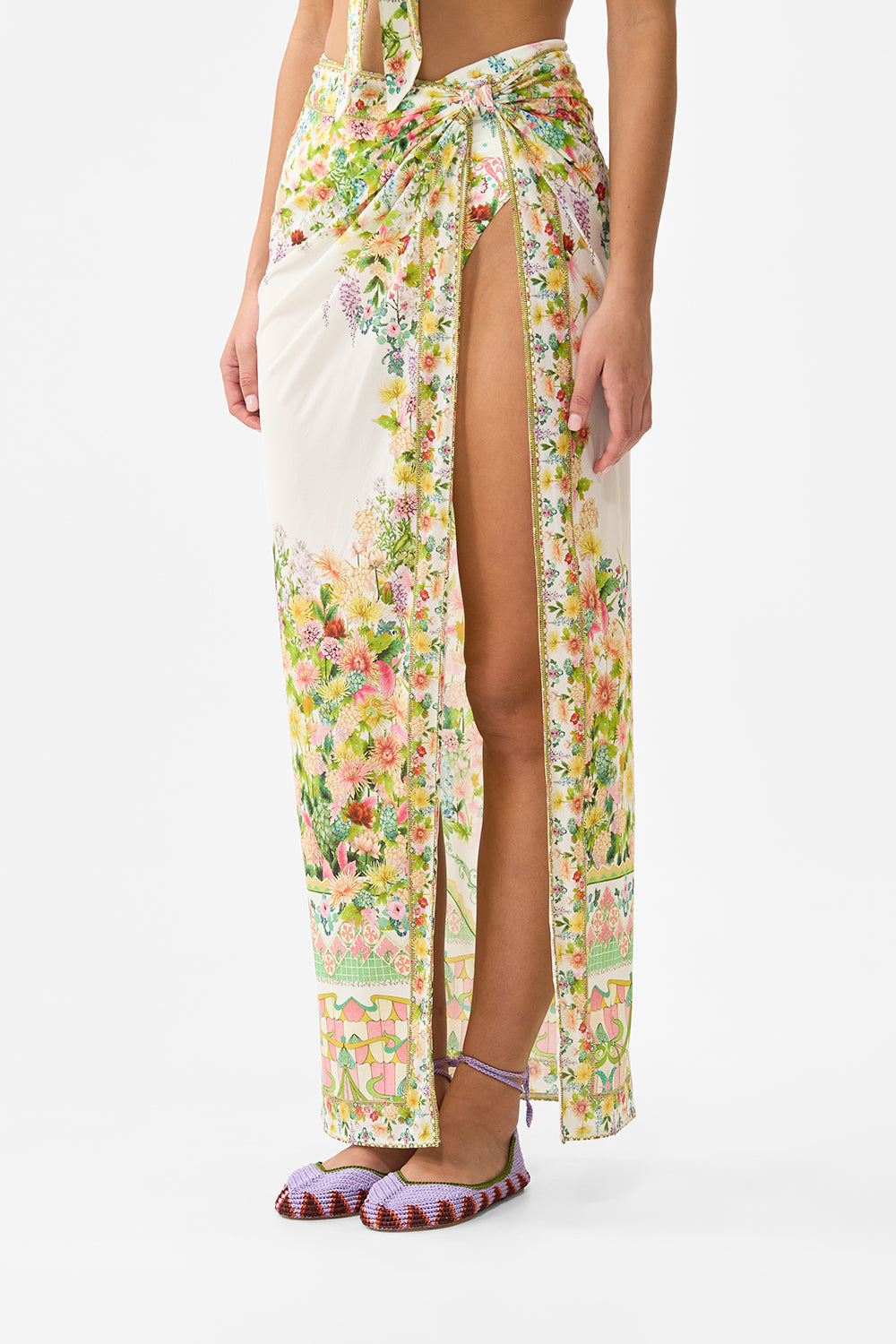 The CAMILLA LONG SARONG WITH GATHERED TAB AND LEG SPLIT THE CALL OF CATALONIA in our  print.