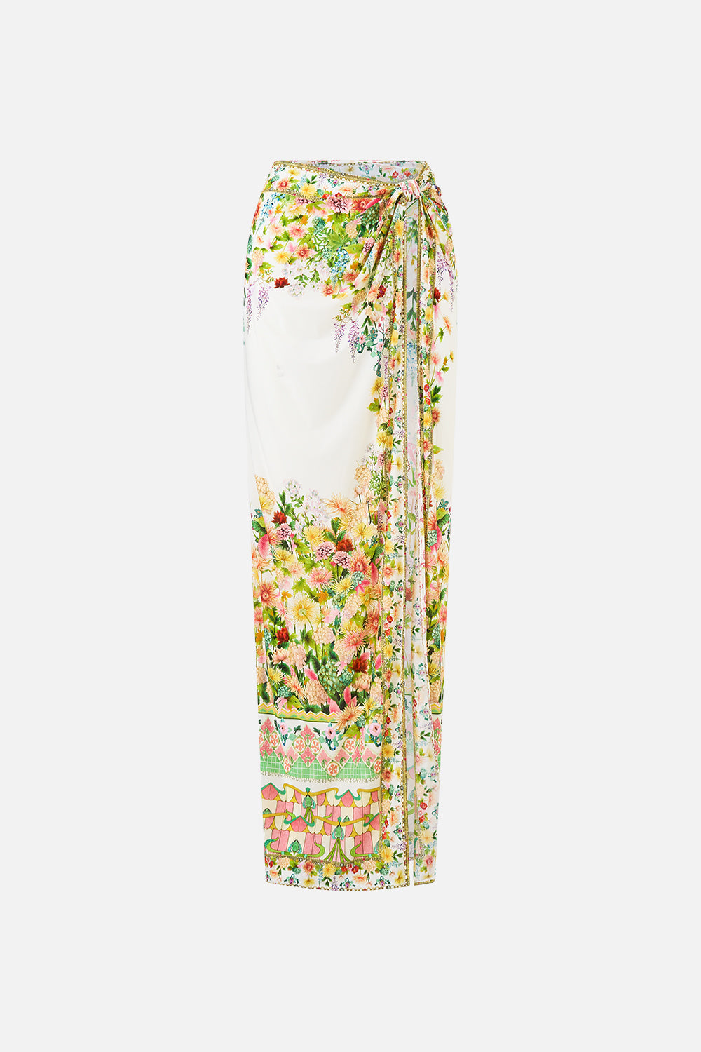 The CAMILLA LONG SARONG WITH GATHERED TAB AND LEG SPLIT THE CALL OF CATALONIA in our  print.