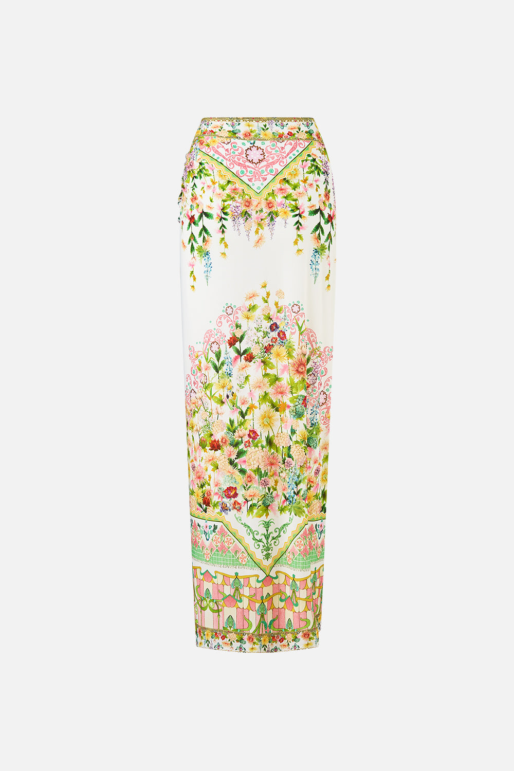 The CAMILLA LONG SARONG WITH GATHERED TAB AND LEG SPLIT THE CALL OF CATALONIA in our  print.