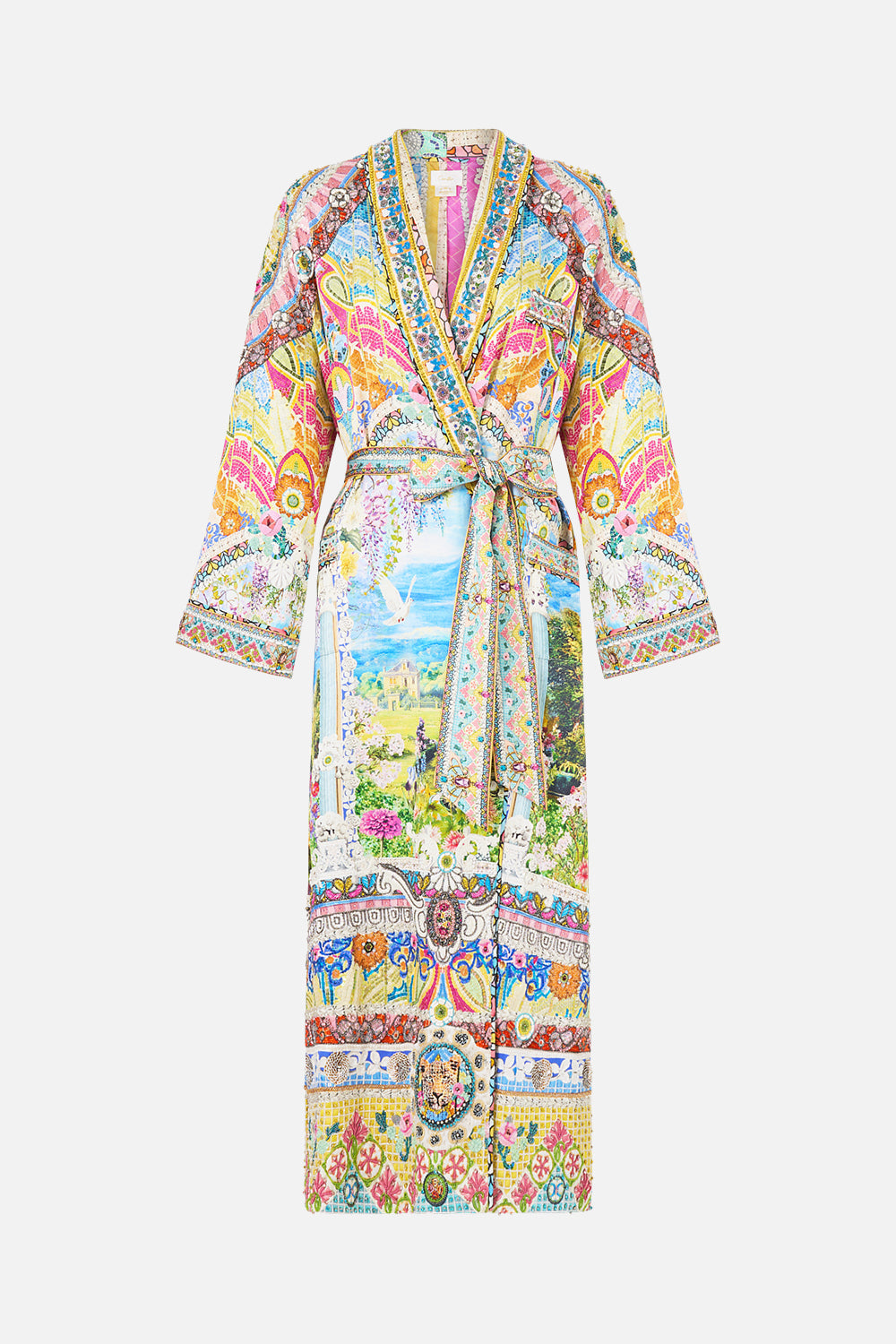The CAMILLA LONG ROBE WITH FLARED SLEEVE NAVÀS NOUVEAU in our NAVÀS NOUVEAU print.