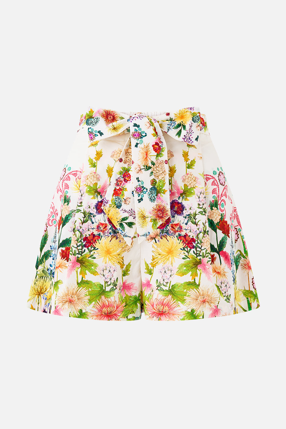 The CAMILLA tuck front short with belt in our print The Call of Catalonia. Front view.