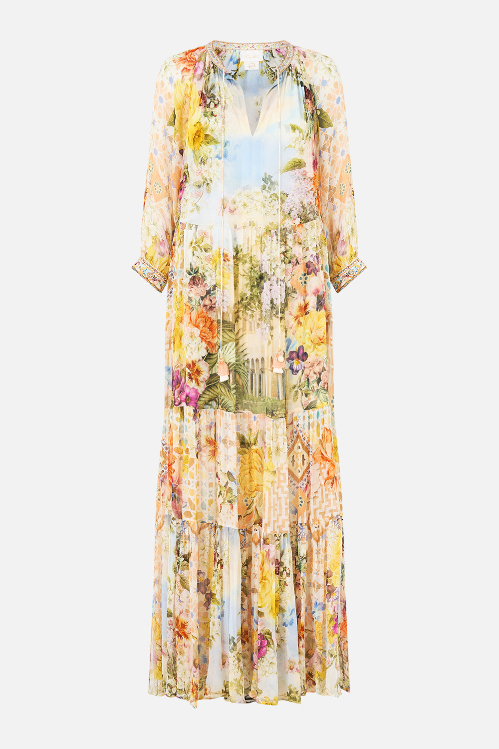 The CAMILLA long gathered panel dress in our print The Architects of Alcázar. Front view.