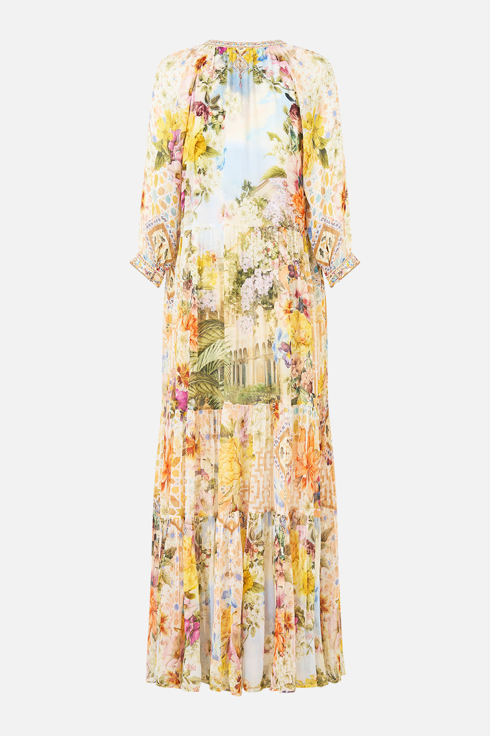 The CAMILLA long gathered panel dress in our print The Architects of Alcázar.