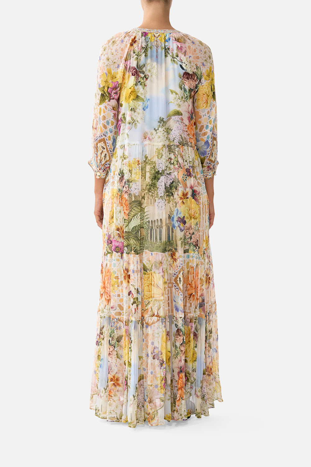 The CAMILLA long gathered panel dress in our print The Architects of Alcázar. Back model view.