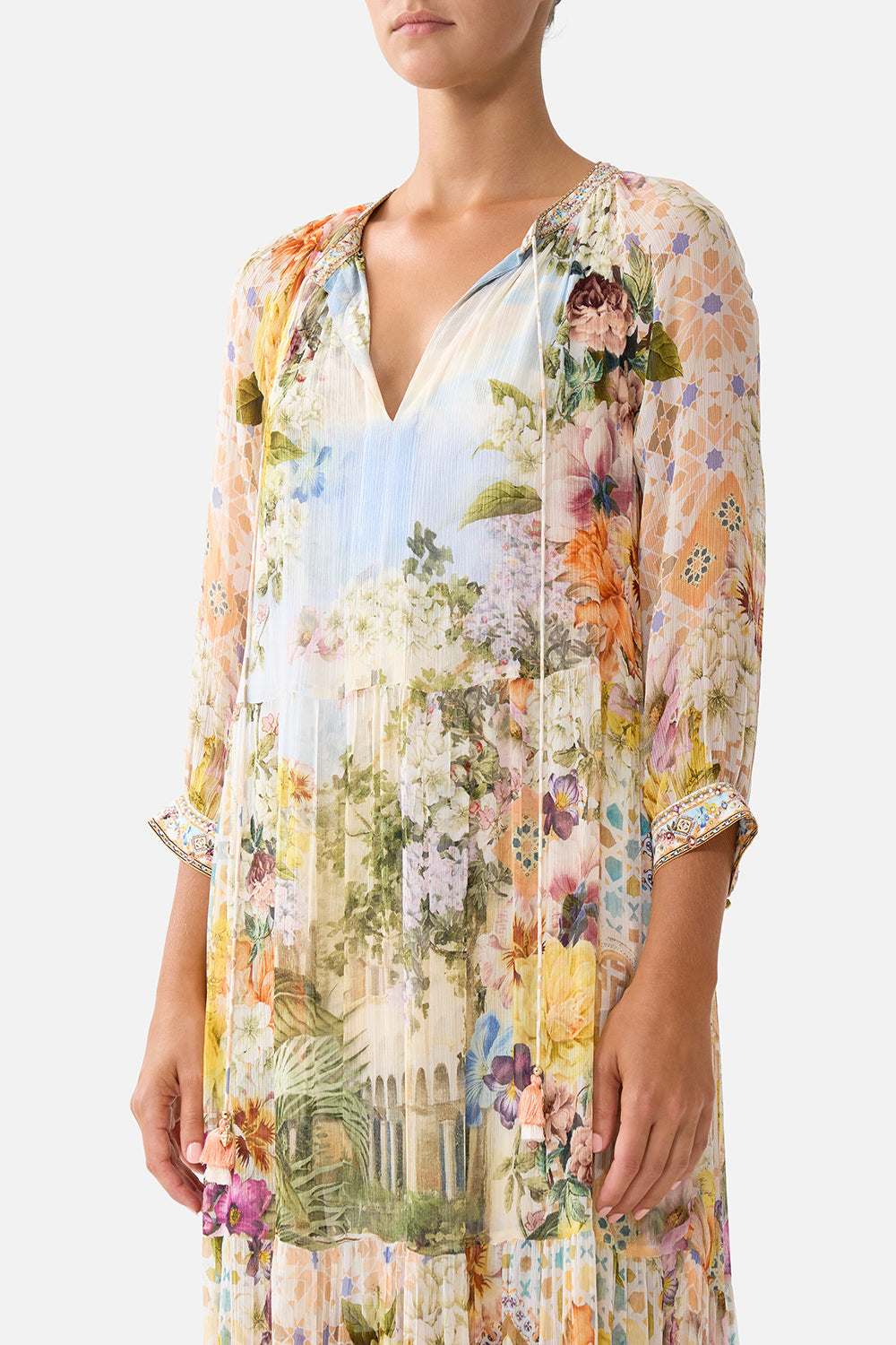 The CAMILLA long gathered panel dress in our print The Architects of Alcázar.